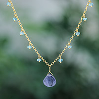 Gold plated iolite and apatite pendant necklace, 'Sea Change' - 18k Gold Plated Iolite and Apatite Pendant Necklace