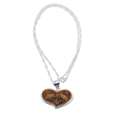 Herz-Halskette aus Sterlingsilber und Mate-Kürbis - Peruanische herzförmige Mate-Kürbis-Anhänger-Vogel-Halskette