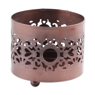 Copper tealight holder, 'Jali Glow' - Artisan Made Copper Tealight Holder from India