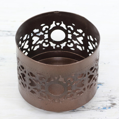 Copper tealight holder, 'Jali Glow' - Artisan Made Copper Tealight Holder from India