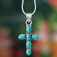 Sterling silver pendant necklace, 'Sky Blue Cross' - Turquoise Colored Cross Sterling Silver Pendant  Necklace