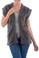 Alpaca blend cardigan vest, 'Burgundy Grey Boucle' - Alpaca Blend Short Sleeve Cardigan in Grey and Burgundy