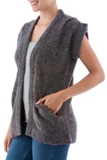 Alpaca blend cardigan vest, 'Burgundy Grey Boucle' - Alpaca Blend Short Sleeve Cardigan in Grey and Burgundy