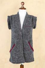 Alpaca blend cardigan vest, 'Burgundy Grey Boucle' - Alpaca Blend Short Sleeve Cardigan in Grey and Burgundy