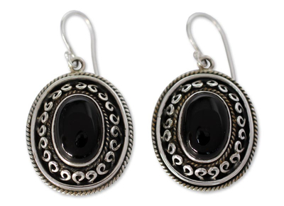 Onyx dangle earrings, 'Tradition' - Black Onyx and Sterling Silver Earrings from India