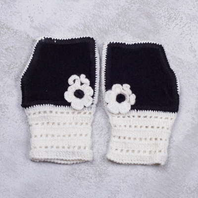 Alpaca blend fingerless mitts, 'Enchanted Light' - Alpaca Blend Black and White Crochet Flower Fingerless Mitts