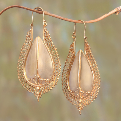 Gold plated brass drop earrings, 'Suku Shield' - Gleaming 18k Gold Plated Brass Drop Earrings from Bali