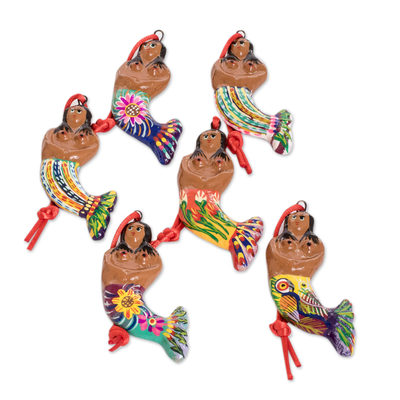 Ceramic ornaments, 'Mermaid Goddesses' (set of 6) - Set of 6 Ceramic Mermaid Ornaments Hand Crafted in Guatemala