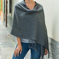 100% alpaca shawl, 'Timeless in Charcoal' - Backstrap Loom Handwoven Alpaca Shawl in Charcoal Grey