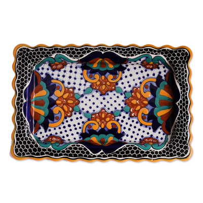 Ceramic platter, 'Zacatlan Flowers' - Floral Talavera Style Ceramic Platter from Mexico