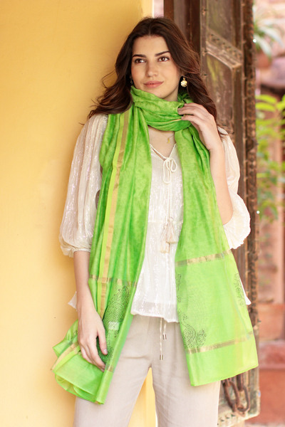 Cotton and silk blend scarf, 'Kiwi Garden' - Handwoven Cotton and Silk Blend Scarf in Kiwi from India