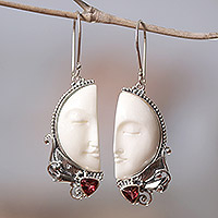 Garnet dangle earrings, 'Half of My Soul' - Handcrafted Garnet and Bone Dangle Earrings from Bali