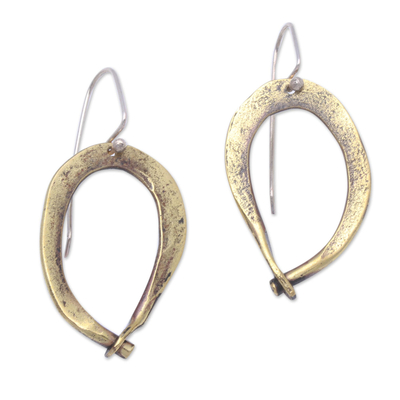 Brass dangle earrings, 'Antique Gateways' - Modern Antiqued Brass Dangle Earrings from Bali