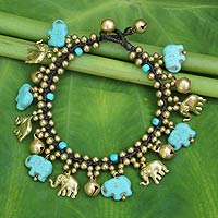 Beaded charm bracelet, 'Elephant World' - Elephant Charm Bracelet with Brass and Blue Calcite Beads