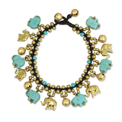 Beaded charm bracelet, 'Elephant World' - Elephant Charm Bracelet with Brass and Blue Calcite Beads