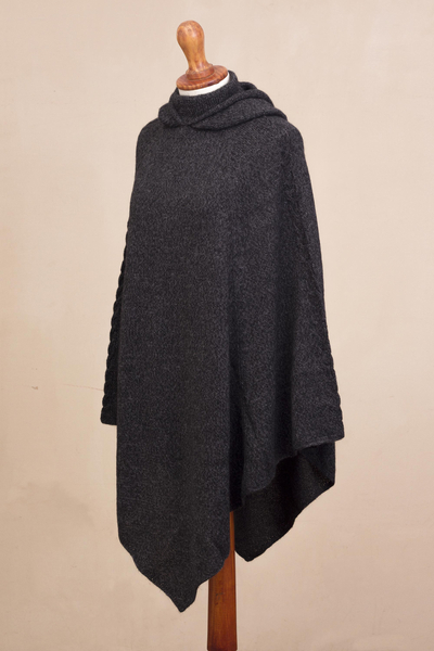 Alpaca blend hooded poncho, 'Adventurous Style in Slate' - Knit Alpaca Blend Hooded Poncho in Graphite from Peru