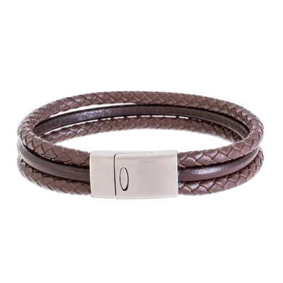 Men's leather cord bracelet, 'Masculine Strands in Espresso' - Men's Leather Cord Bracelet in Espresso from Costa Rica