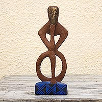 Wood sculpture, 'Thinking About the World' - Wood sculpture