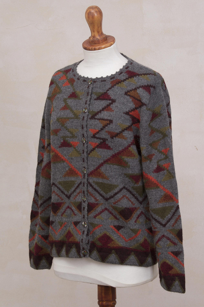 100% alpaca cardigan, 'Inca Nobility' - 100% Alpaca Inca Geometric Pattern Grey Cardigan Sweater