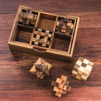Holzpuzzles, „Logical Mind“ (6er-Set) - Handgefertigtes Set aus sechs Holzpuzzles aus Thailand