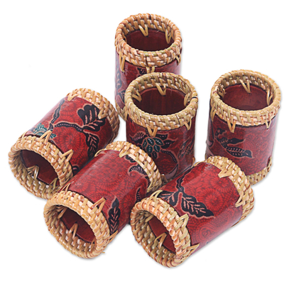 Batik cotton and ate grass napkin rings, 'Lombok Flowers in Red' (set of 6) - Batik Napkin Rings Floral Red (Set of 6) Indonesia