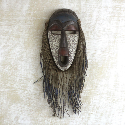 African wood mask, 'Abajo' - Jute Bearded African Wood Mask from Ghana
