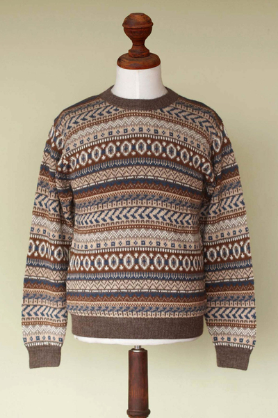 Men's 100% alpaca sweater, 'Ice Earth' - Men's Alpaca Pullover Sweater