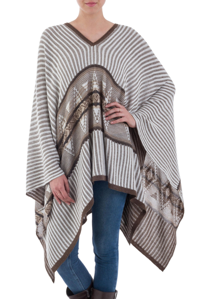 Cotton blend poncho, 'Memories Past' - Bohemian Poncho in Brown and White Stripes from Peru
