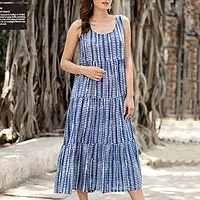 Baumwoll-Sommerkleid, „Indian Indigo“ – Baumwoll-Sommerkleid mit Diamantmotiv-Print aus Indien