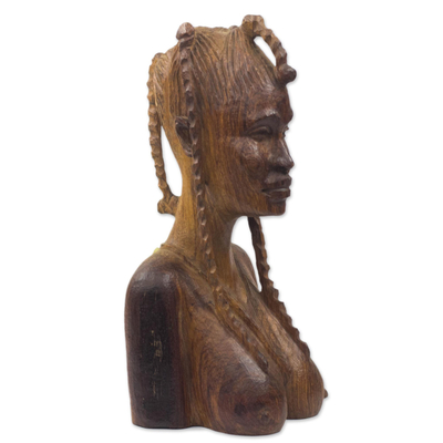 Holzskulptur – Büstenskulptur aus Mahagoniholz ​​einer Frau mit geflochtenem Haar