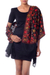 Wool shawl, 'Midnight Mums' - Artisan Made Floral Chain Stitch Embroidery Black Wool Shawl