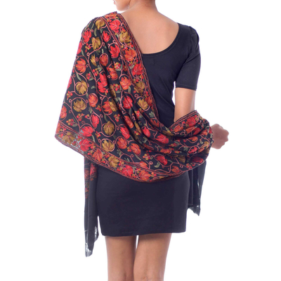Wool shawl, 'Midnight Mums' - Artisan Made Floral Chain Stitch Embroidery Black Wool Shawl