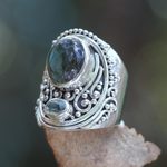 Labradorite and blue topaz cocktail ring, 'Misty Starlight' - Handcrafted Balinese Labradorite and Blue Topaz Silver Ring
