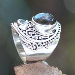 Labradorite and blue topaz cocktail ring, 'Misty Starlight' - Handcrafted Balinese Labradorite and Blue Topaz Silver Ring