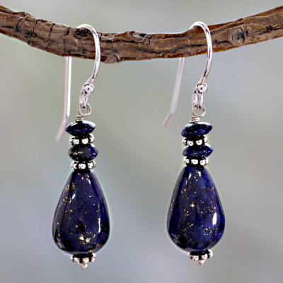 Lapis lazuli dangle earrings, 'Delhi Dusk' - Fair Trade Sterling Silver and Lapis Lazuli Earrings