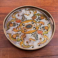 Reverse painted glass tray, 'Floral Heaven' - Reverse Painted Glass Tray with Elegant Floral Motifs