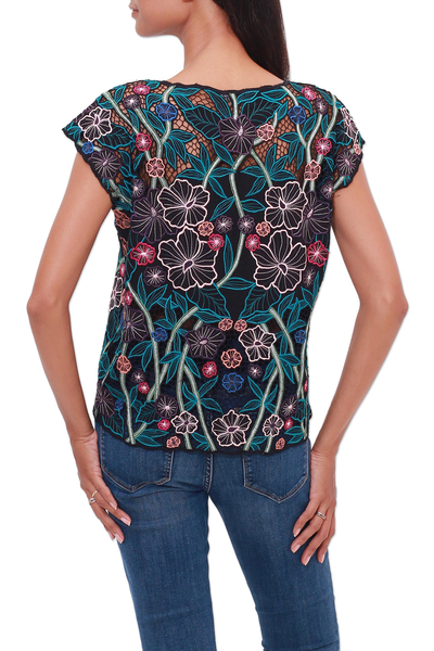 Rayon blouse, 'Lovely Garden' - Floral Embroidered Rayon Blouse from Bali