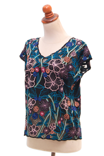 Rayon blouse, 'Lovely Garden' - Floral Embroidered Rayon Blouse from Bali