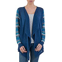 Cotton blend cardigan, 'Garden in Blue' - Peruvian Open Front Solid Blue Cardigan with Floral Sleeves