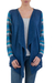 Cotton blend cardigan, 'Garden in Blue' - Peruvian Open Front Solid Blue Cardigan with Floral Sleeves thumbail