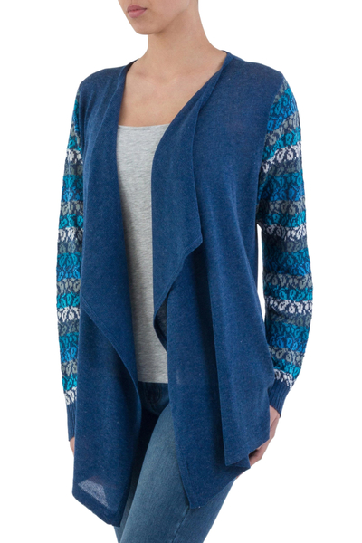 Cotton blend cardigan, 'Garden in Blue' - Peruvian Open Front Solid Blue Cardigan with Floral Sleeves