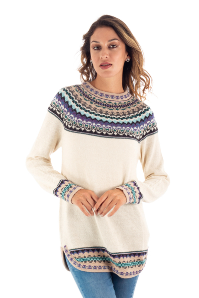 Knit 100% Alpaca Pullover Sweater in Antique White from Peru