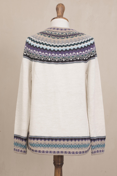 100% alpaca pullover, 'Snowy in the Andes' - Knit 100% Alpaca Pullover Sweater in Antique White from Peru