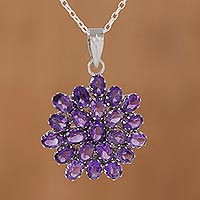 Amethyst pendant necklace, 'Purple Camellia' - Brilliant 22 Carat Amethyst Pendant Necklace