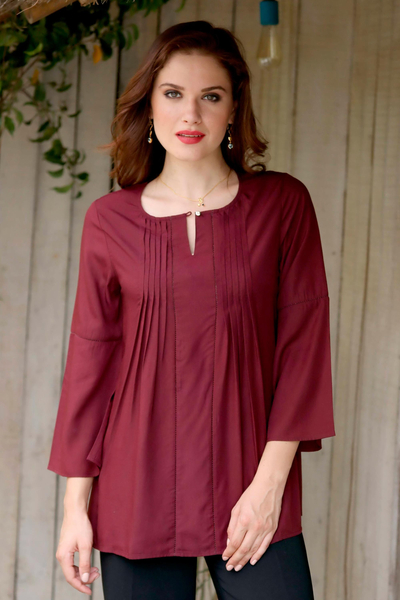 Viscose tunic, 'Whirlwind Romance' - Handmade Red-Brown Viscose Pin Tuck Blouse with Bell Sleeves