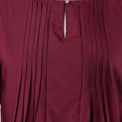 Viskose-Tunika - Handgefertigte rotbraune Viskose-Pin-Tuck-Bluse mit Glöckchenärmeln