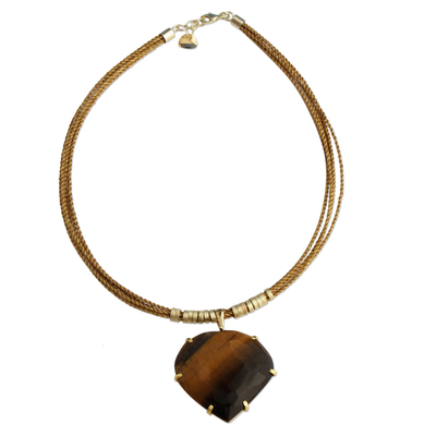 Gold plated tiger's eye and golden grass statement necklace, 'Smolder' - Tiger's Eye Pendant with Golden Grass Cord Necklace