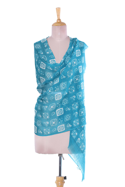 Wool shawl, 'Floral Frames' - Floral Printed Wool Shawl in Teal from India