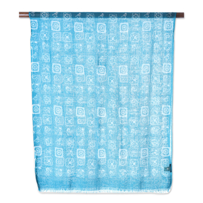 Wool shawl, 'Floral Frames' - Floral Printed Wool Shawl in Teal from India