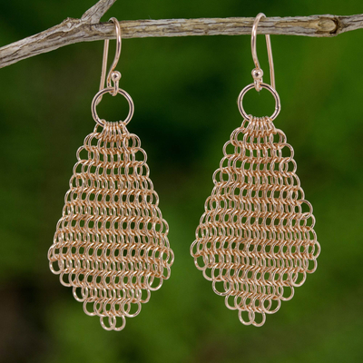 Rose gold plated dangle earrings, 'Chain Mail Rose' - Abstract Rose Petal Earrings Rose Gold Plated Chain Mail